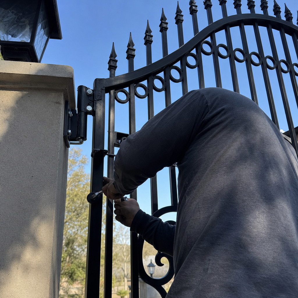 Professional technician repairing a decorative black metal security gate