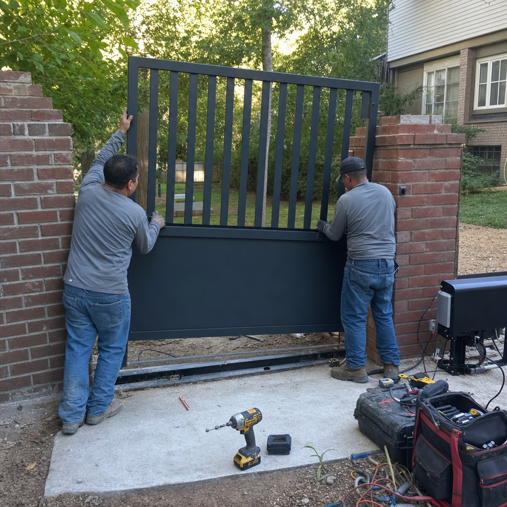 Two professional contractors installing a new metal driveway gate