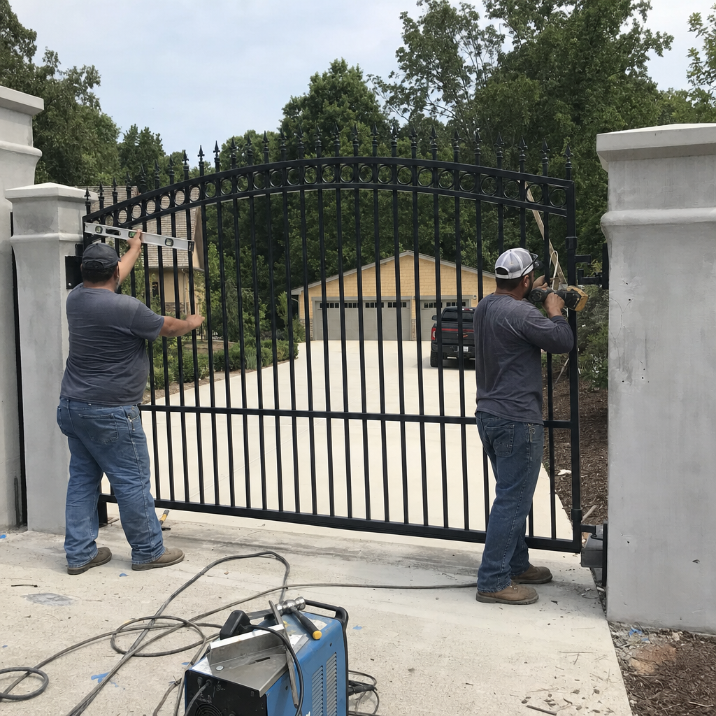 Two professional technicians installing a black metal residential security gate