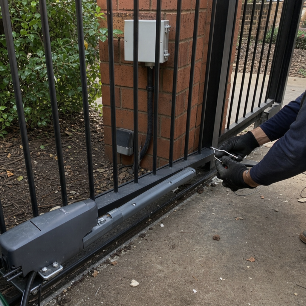 Technician performing professional gate motor and opener repair on metal gate