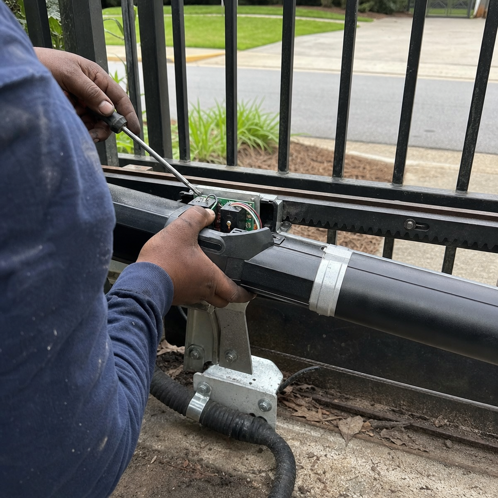 Technician performing maintenance on an automatic gate motor and opener