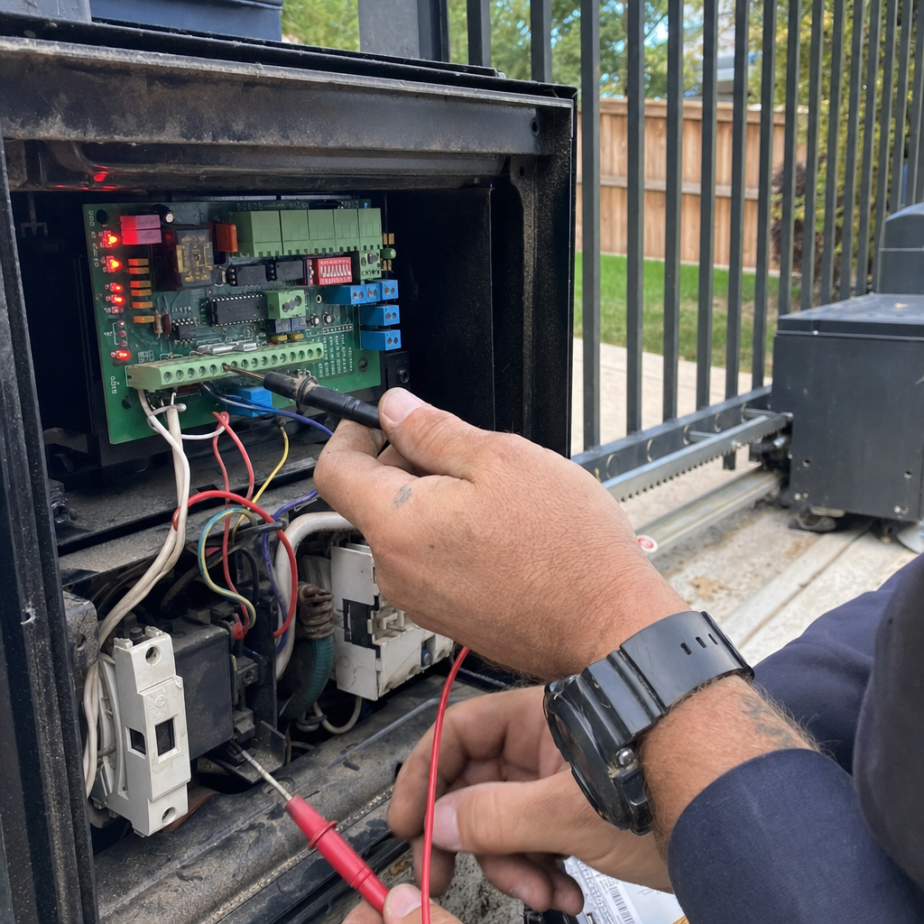 Technician troubleshooting an automatic sliding gate motor control board with a multimeter