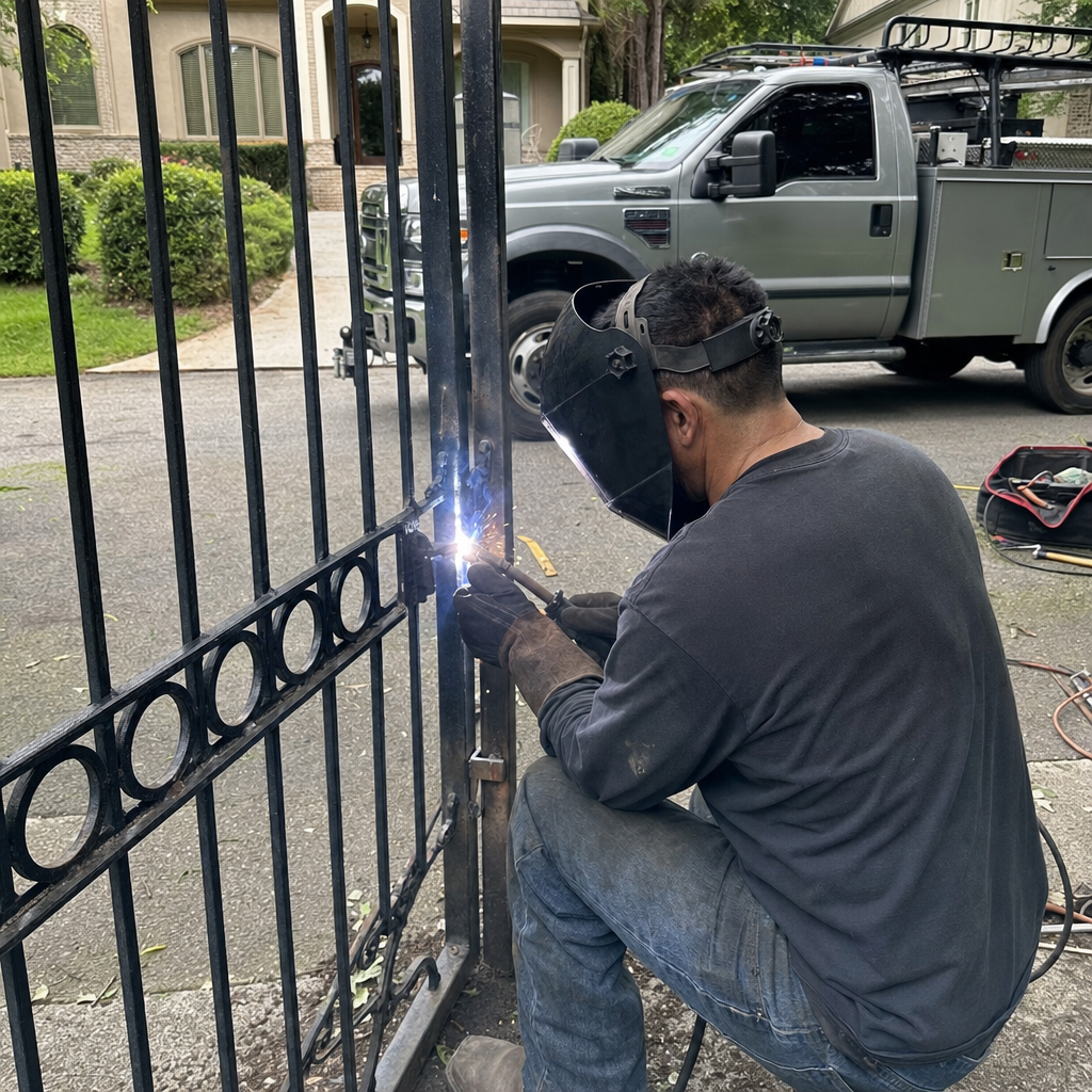 Professional welder performing metal gate repair and welding on a driveway