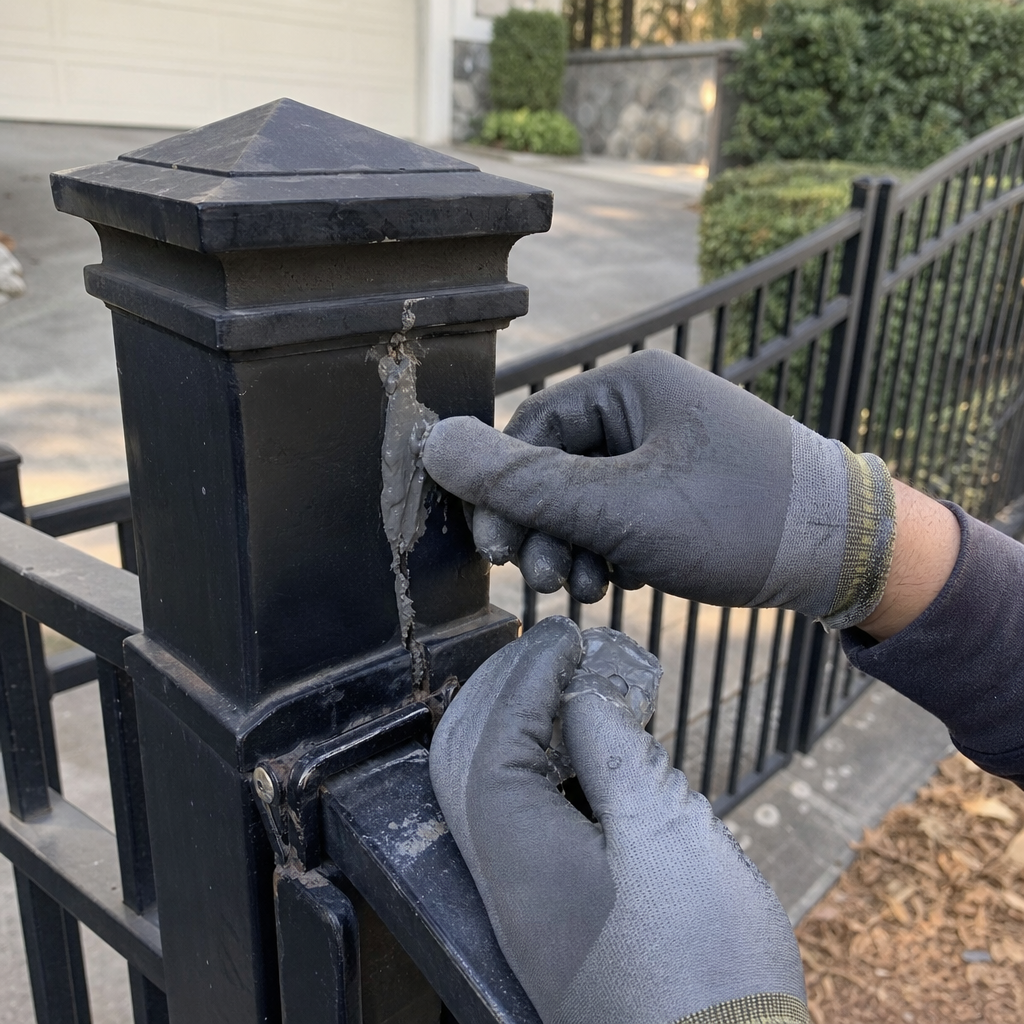 Worker repairing a cracked metal fence gate post with epoxy putty