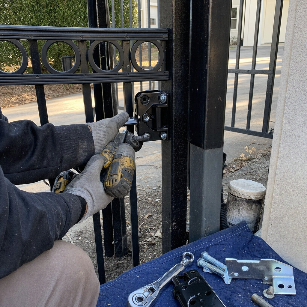 Technician using power drill to repair a metal driveway gate hinge