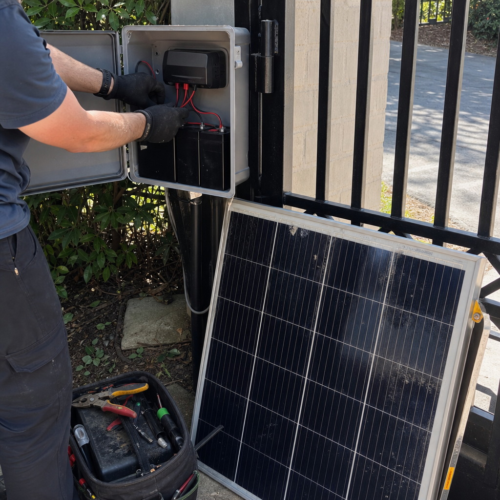 Technician repairing outdoor electronic gate access control system and solar panel in Augusta, GA